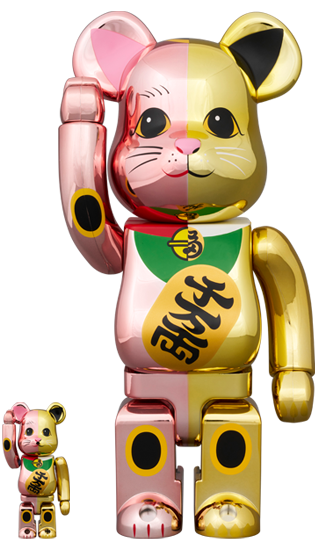 Manekineko Lucky Cat Senmanryou Peach Gold x Gold Bearbrick 400% + 100%