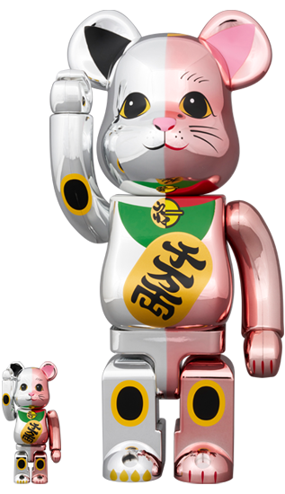 Manekineko Lucky Cat Senmanryou Silver x Peach Gold Bearbrick 400% + 100%