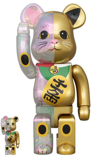 Manekineko Lucky Cat Senmanryou Clear Iridescent x Gold Paint 400%+100% Bearbrick