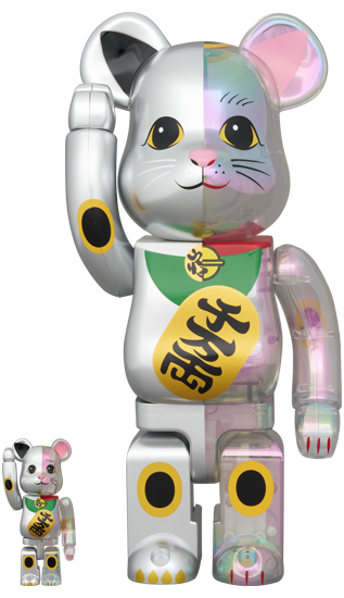 Manekineko Lucky Cat Senmanryou Clear Iridescent x Silver Paint 400% + 100% Bearbrick